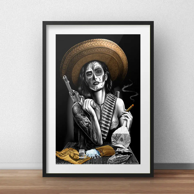 Cuadro Catrina Bandida Calavera Mexicana Tattoo Con Paspartú Marco Negro