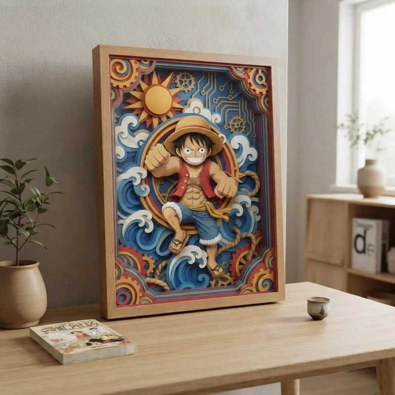 Cuadro Monkey Luffy Efecto 3d One Piece Anime Japones Marco Madera Oak Madera Clara