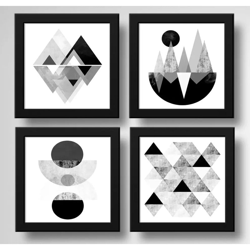 Set 4 Cuadros Geometrico Escandinavo Abstracto Blanco Negro