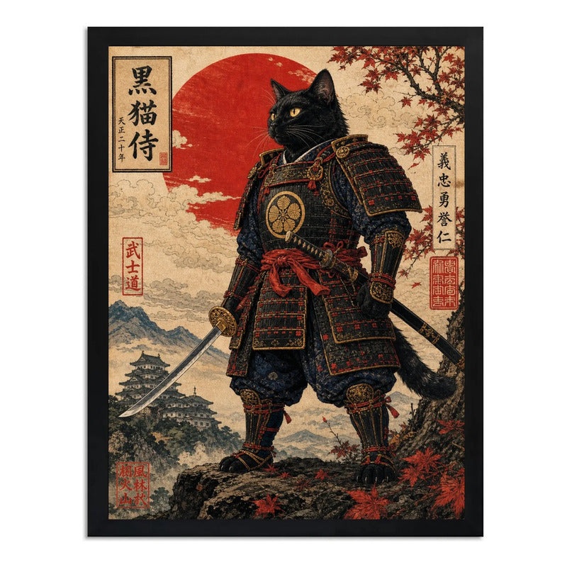 Cuadro Gato Samurai Ninja Guerrero Arte Japonés Anime Marco Negro