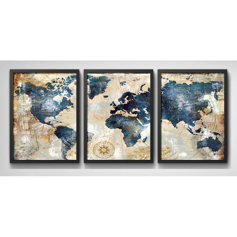 Set 3 Cuadros Mapamundi Mapa Mundo Brs10 Decoracion Oficina Marco Negro