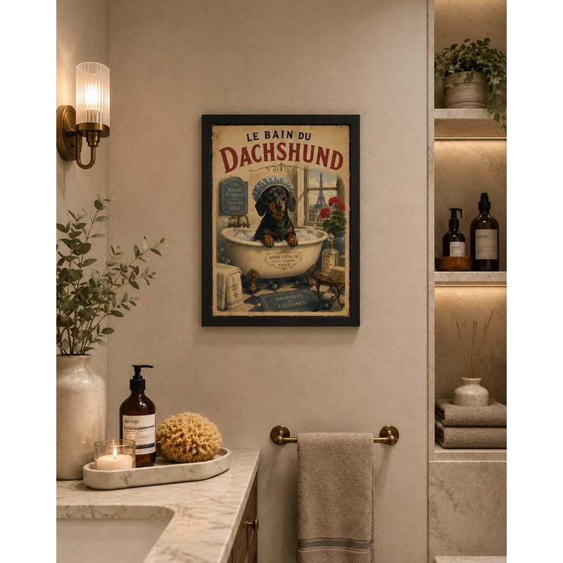 Cuadro Baño Paris Vintage Perro Salchicha Le Bain Dachshund Marco Negro