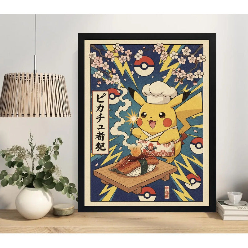Cuadro Pikachu Chef Sushi Cocina Comida Japón Pokemon Anime Marco Negro