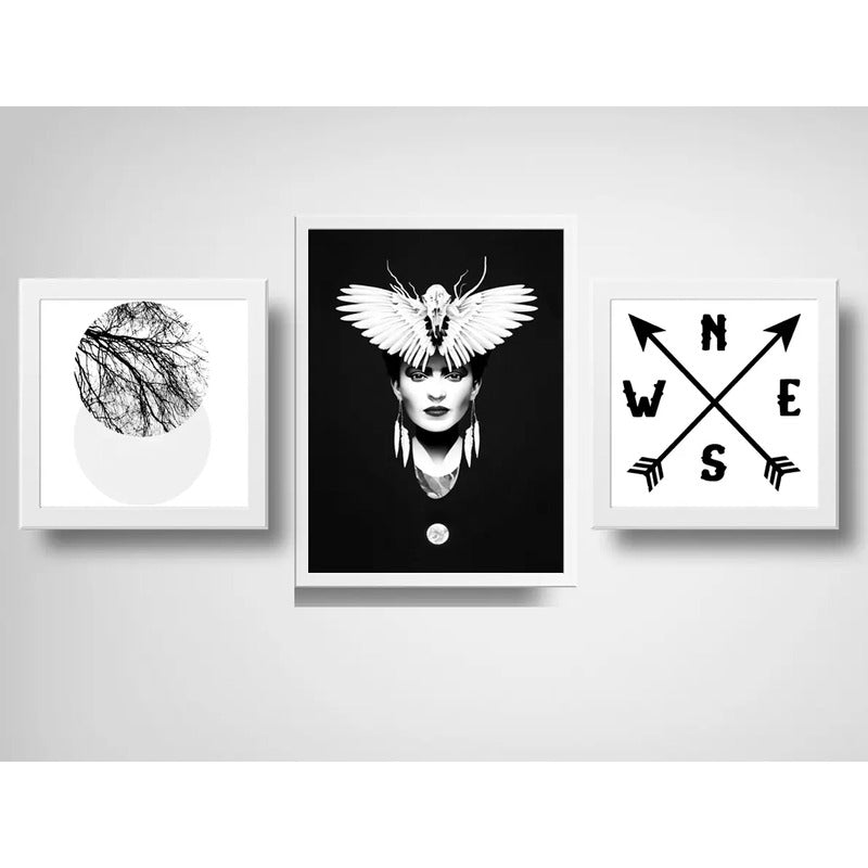 Set 3 Cuadros Frida Kahlo Mariposa Luna Arbol Blanco Y Negro