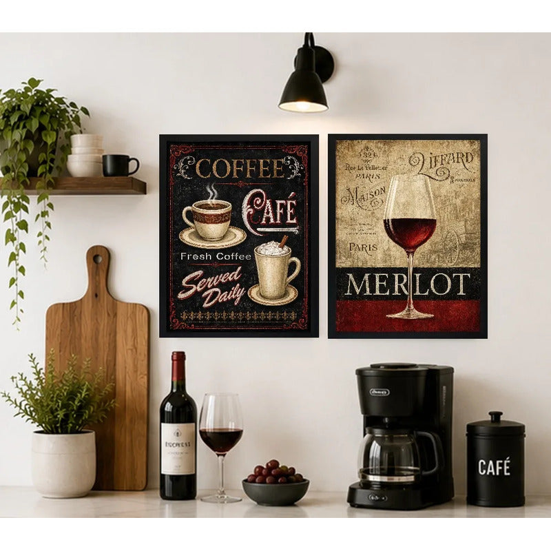Set 2 Cuadros Café Y Vino Retro Decora Cocina Living Comedor Marco Negro