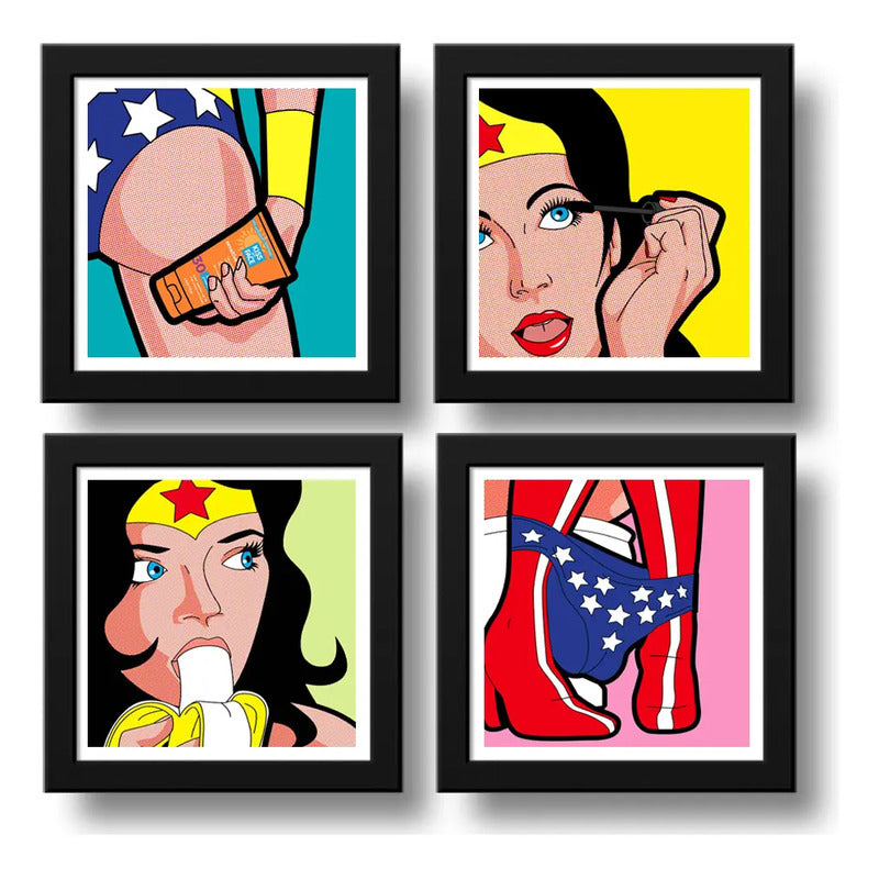 Set 4 Cuadros Mujer Maravilla Fashion Baño Superhéroe Comics
