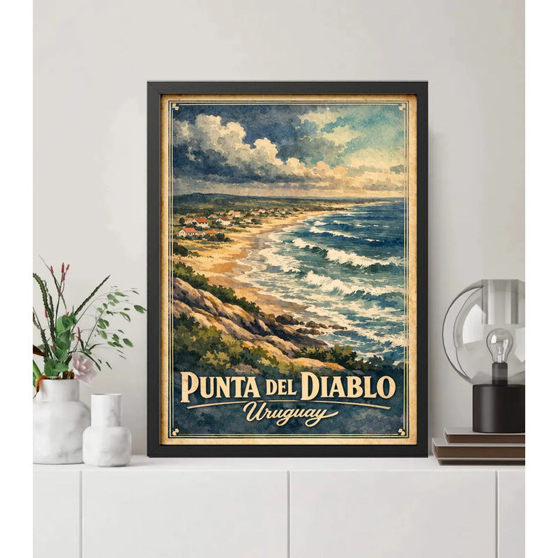 Cuadro Punta Del Diablo Playa Pueblo Arte Retro Uruguay Marco Negro