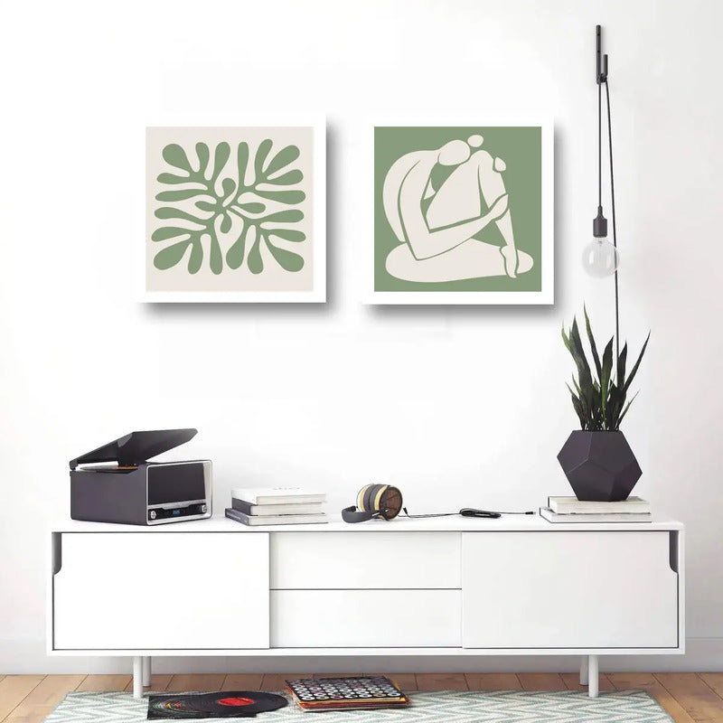 Set 2 Cuadros Living Dormitorio Matisse Beige Verde 33x33cm Marco Blanco
