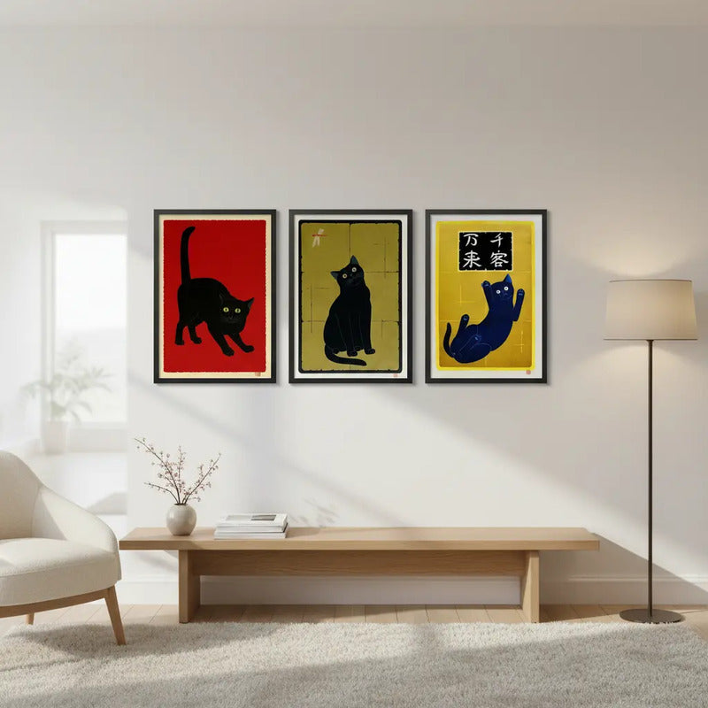 Set 3 Cuadros Living Gatos Japoneses Arte Japón Gato Negro Marco Negro