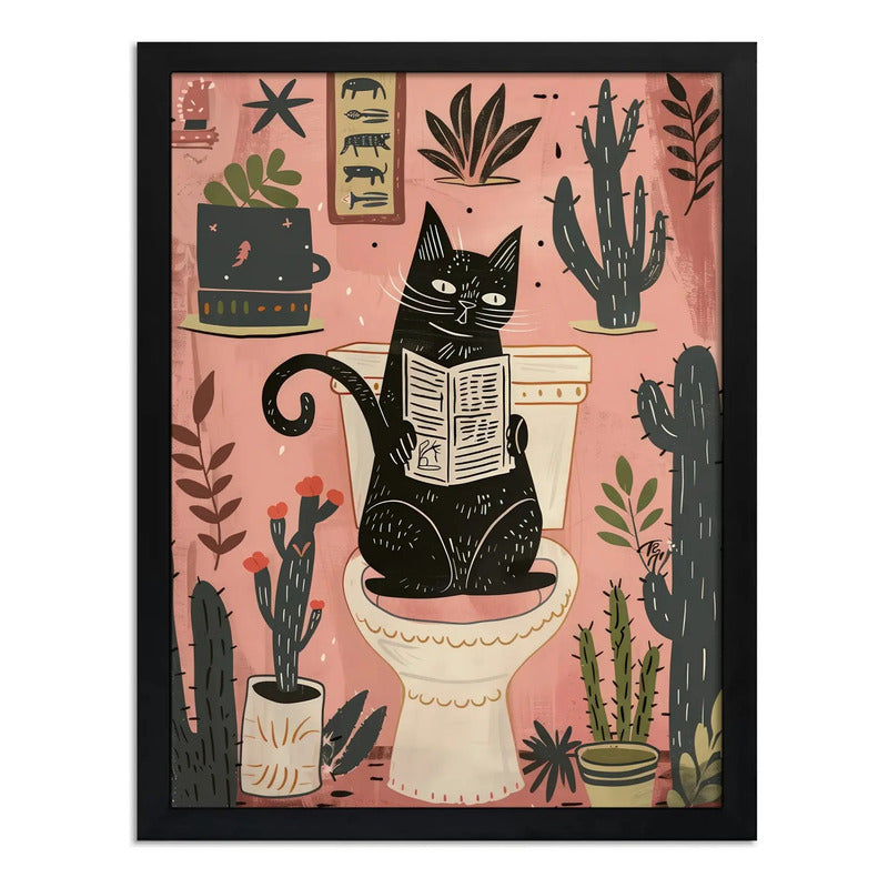 Cuadro Baño Gato Negro En Inodoro Con Cactus Arte Decoracion Marco Negro