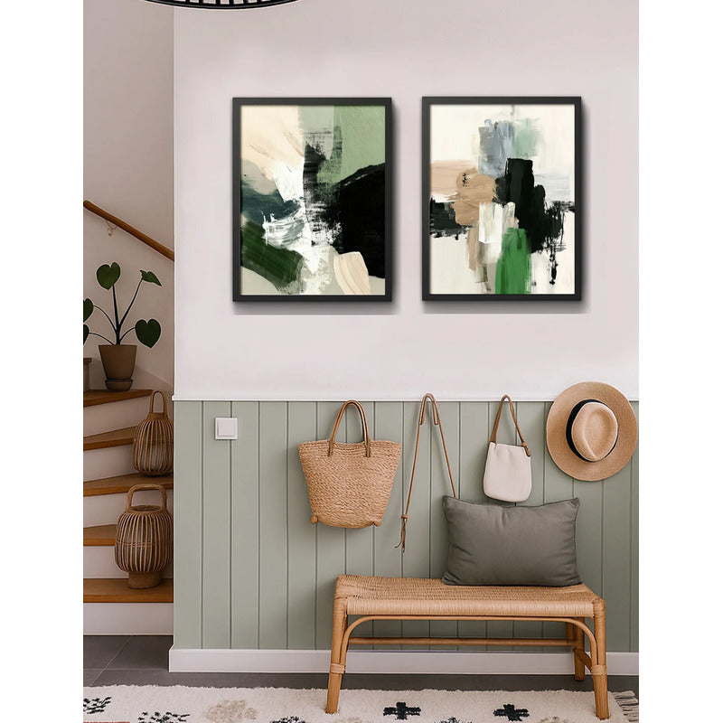 Set 2 Cuadros Dormitorio Living Abstracto Mossy Calm 2 Verde Marco Negro