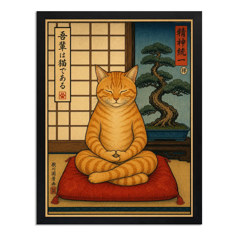 Cuadro Gato Haciendo Yoga Arte Japones Zen Neko Feng Shui Marco Negro