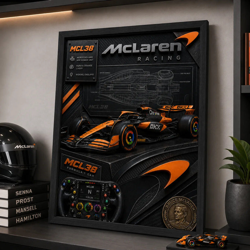 Cuadro Mclaren Mcl38 Formula 1 Auto Icónico Specs Efecto 3d Marco Negro