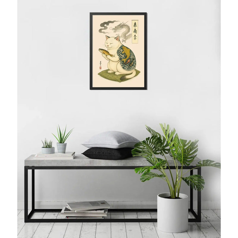 Cuadro Gato Arte Japonés Tattoo Dragon Pez Koi Decoracion Marco Negro