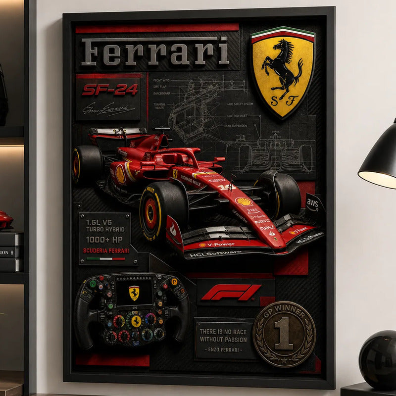 Cuadro Ferrari Formula 1 Auto Icónico Specs Efecto 3d Marco Negro