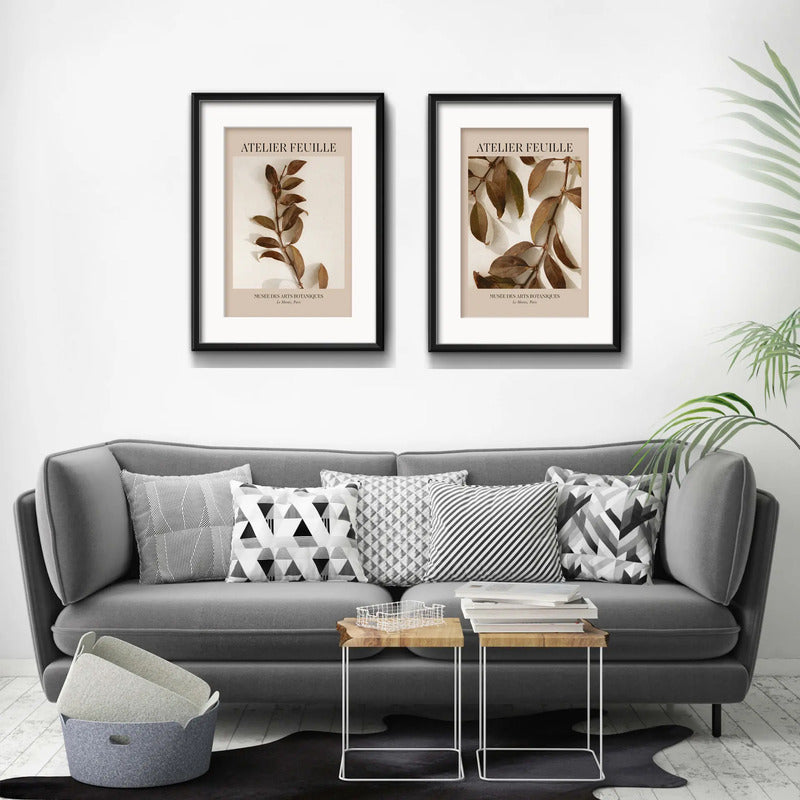 Set 2 Cuadros Living Tonos Marron Hojas 53x43cm Con Paspartu Marco Negro