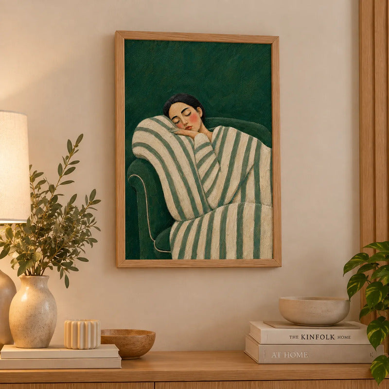 Cuadro Dormitorio Living Niña Durmiendo Sofá Arte Abstracto Marco Negro