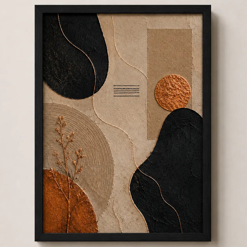 Cuadro Dormitorio Living Boho Abstracto Texturas Bronce Brs2 Marco Negro