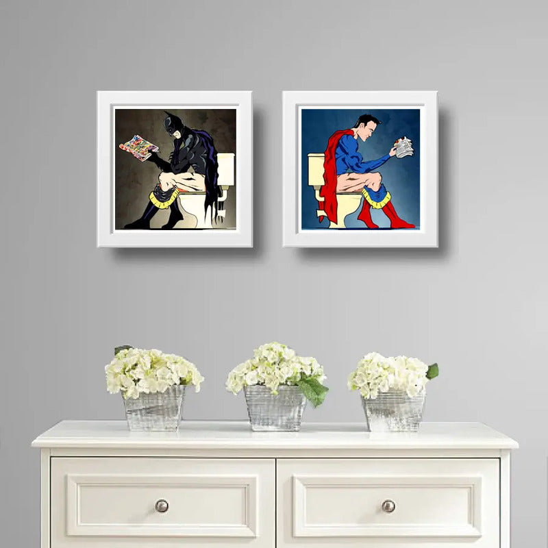 Set 2 Cuadros Batman Superman Baño Héroes Comics Decoracion