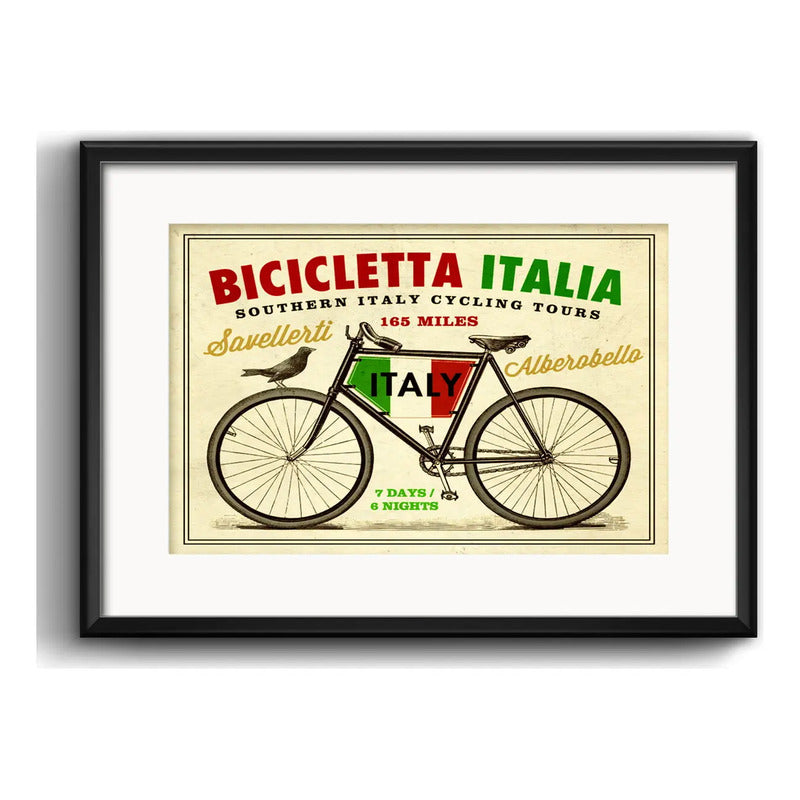 Cuadro Italia Bicicleta Retro Vintage Frase Con Paspartu Marco Negro