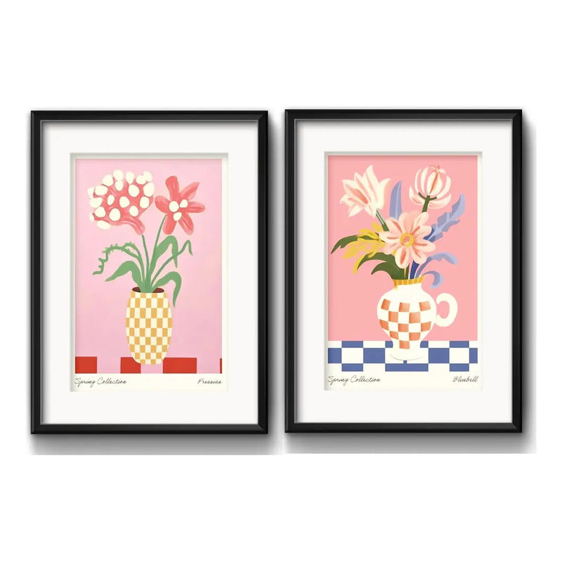 Set 2 Cuadros Flores Bluebell Freesia Art Deco Con Paspartú Marco Negro