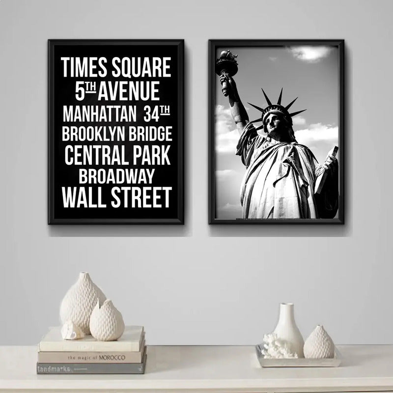 Set 2 Cuadros Nueva York Estatua Libertad Blanco Y Negro