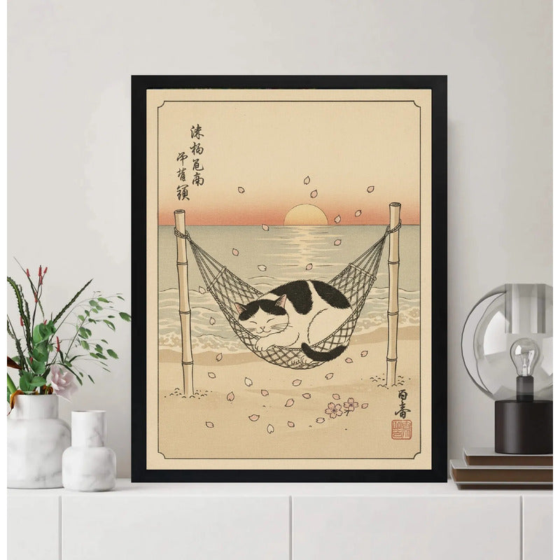 Cuadro Gato Zen Playa Sol Japón Flor Cerezo Mar Tonos Beige Marco Negro
