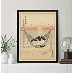 Cuadro Gato Zen Playa Sol Japón Flor Cerezo Mar Tonos Beige Marco Negro