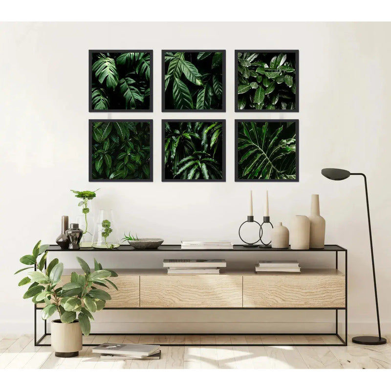 Set 6 Cuadros Hojas Plantas Verdes Decoracion Botanico 33x33 Marco Negro