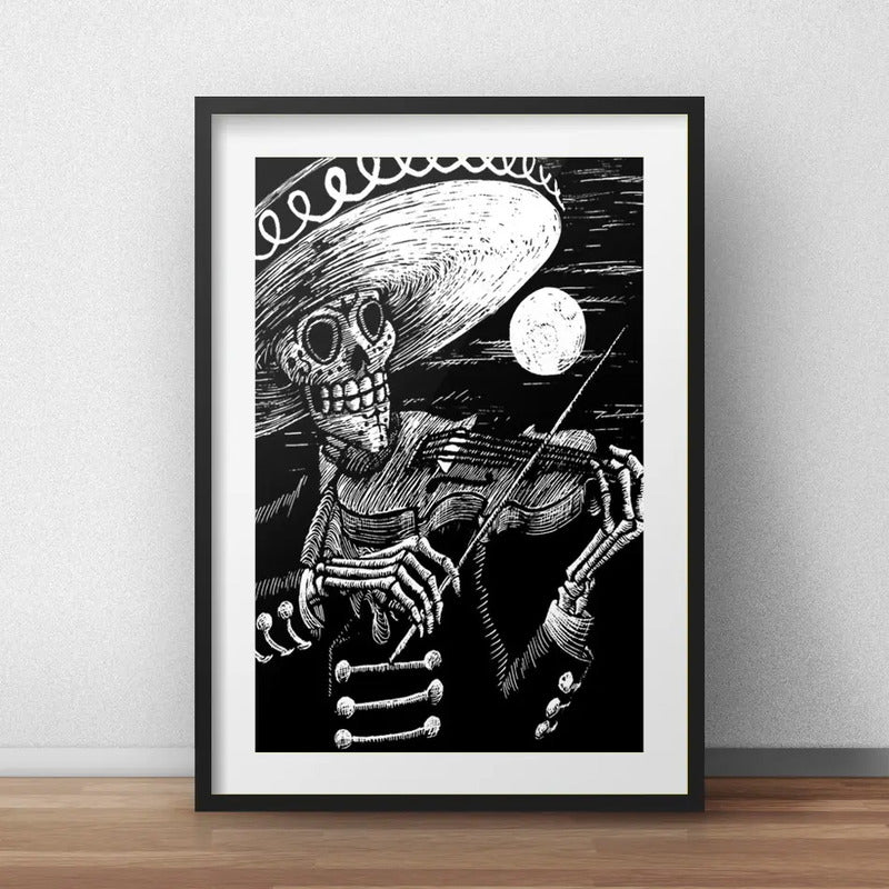 Cuadro Calavera Mariachi Tattoo Decoracion Con Paspartú Marco Negro