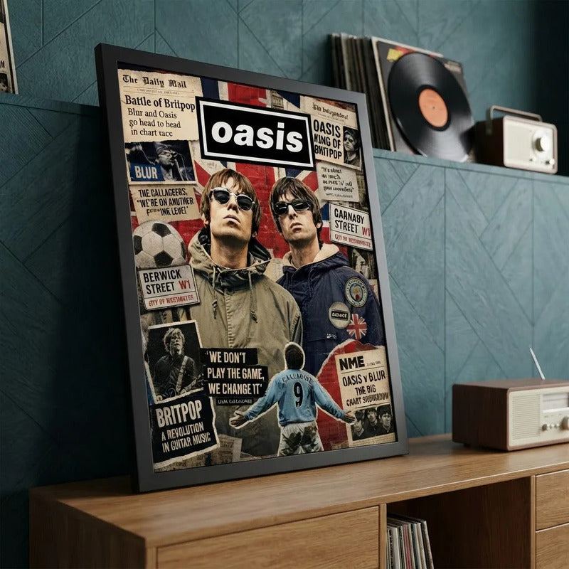 Cuadro Oasis Elementos Icónicos Manchester Futbol Arte Rock Marco Negro