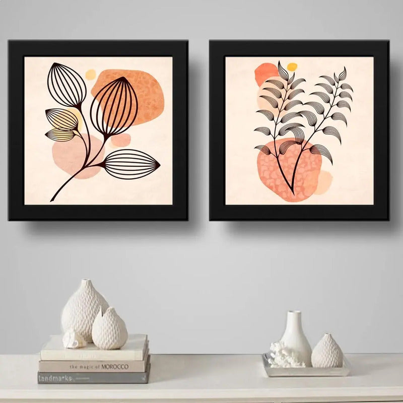 Set 2 Cuadros Boho Chic Hojas Flor Arte Decoracion - 33x33cm Marco Negro