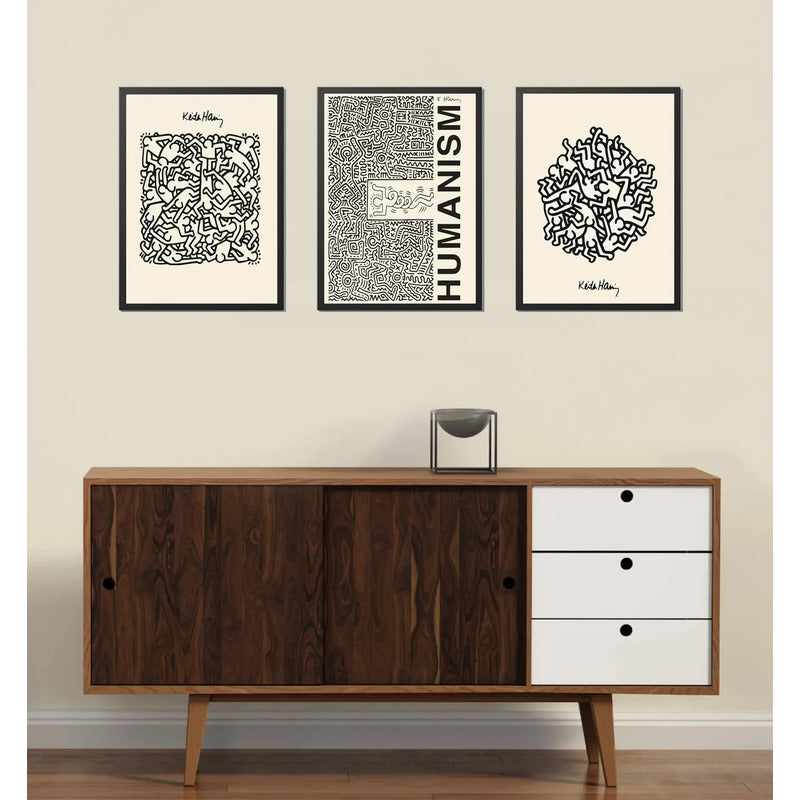 Set 3 Cuadros Keith Haring Humanism Obra Mural Street Art Marco Negro