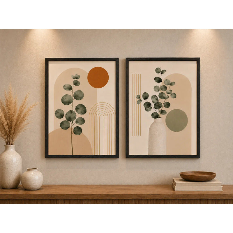 Set 2 Cuadros Living Abstracto Boho Eucalipto Beige Neutro Marco Negro