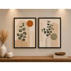 Set 2 Cuadros Living Abstracto Boho Eucalipto Beige Neutro Marco Negro