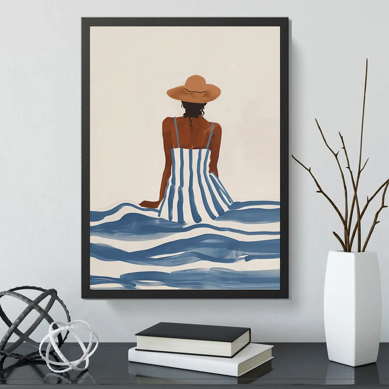 Cuadro Dormitorio Living Mujer Elegante Mar Playa Azul Beige Marco Negro