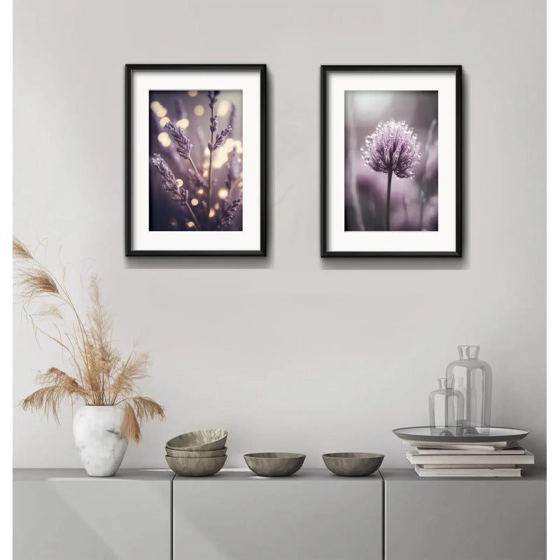 Set 2 Cuadros Flores Lavanda Cola Liebre Purple Con Paspartú Marco Negro