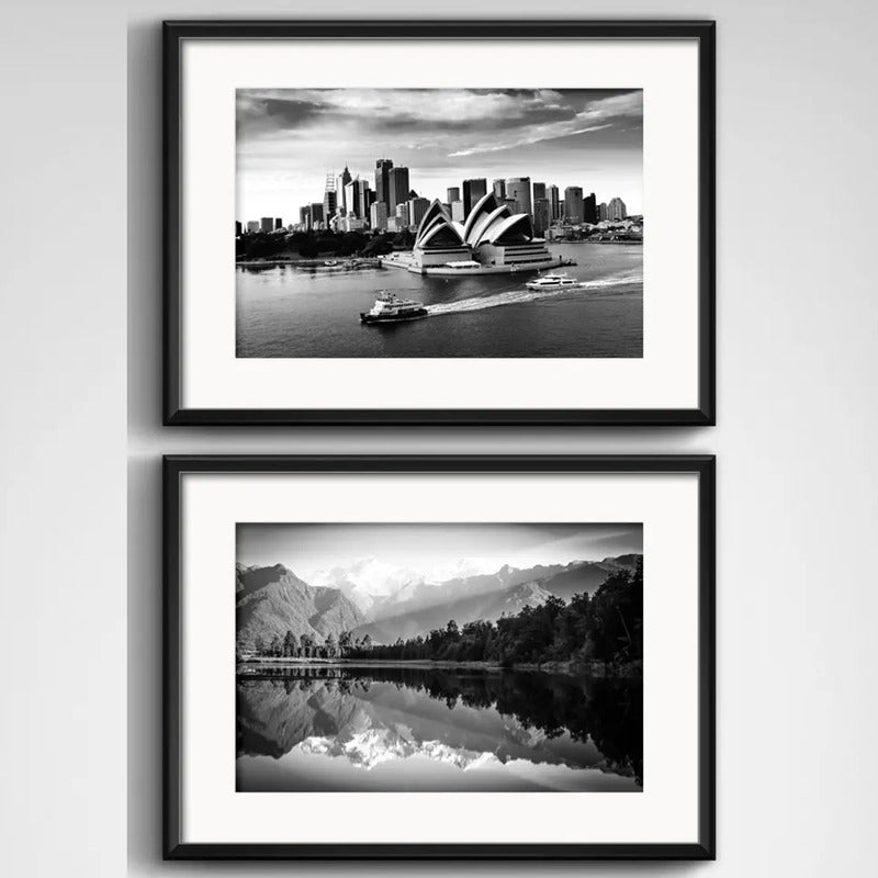 Set 2 Cuadros Australia Nueva Zelanda Blanco Negro Paspartú
