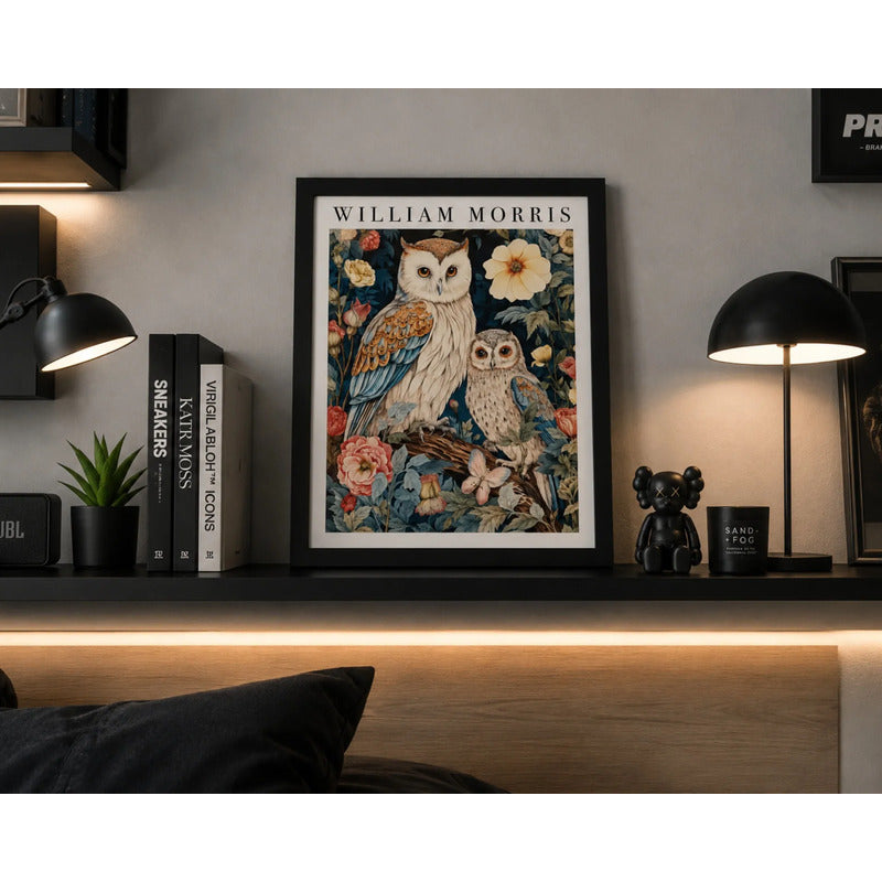 Cuadro Dormitorio Living Buho Flores William Morris Owl Negro