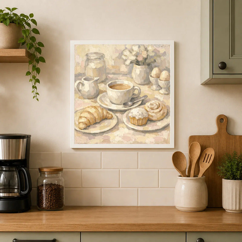 Cuadro Living Comedor Cocina Escena Matutina Café 33x33cm Marco Blanco
