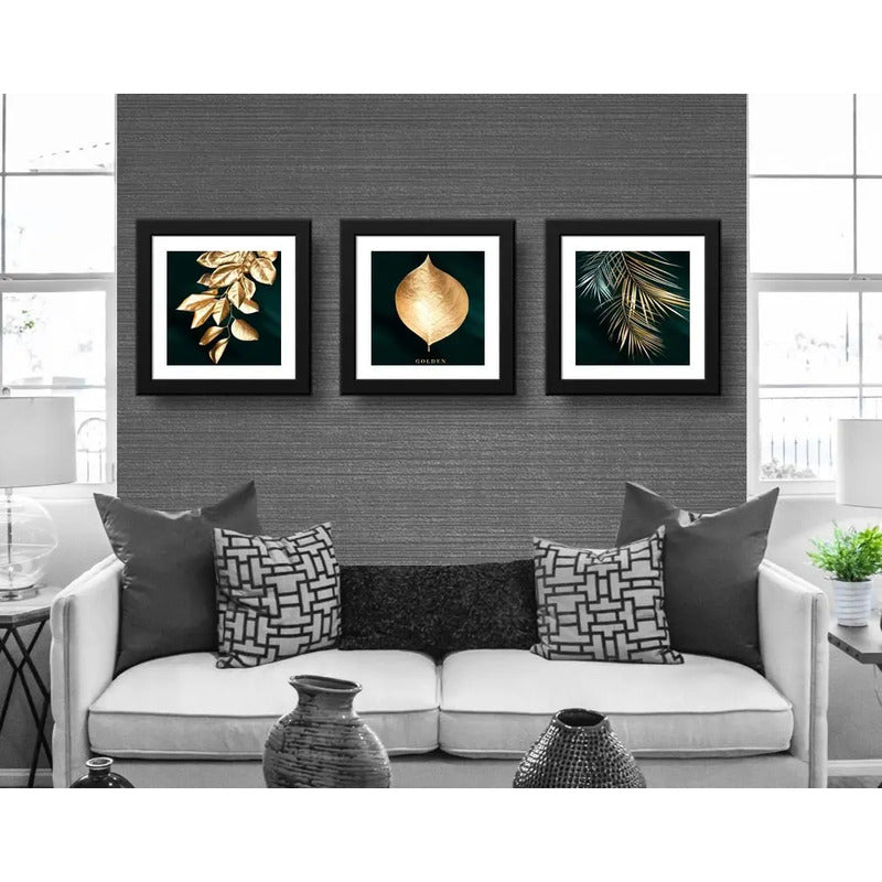 Set 3 Cuadros Hojas Doradas Oro Botanico Decoracion 33x33cm Marco Negro