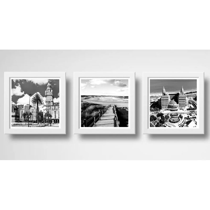 Set 3 Cuadros Montevideo Blanco Y Negro Ciudad Uruguay