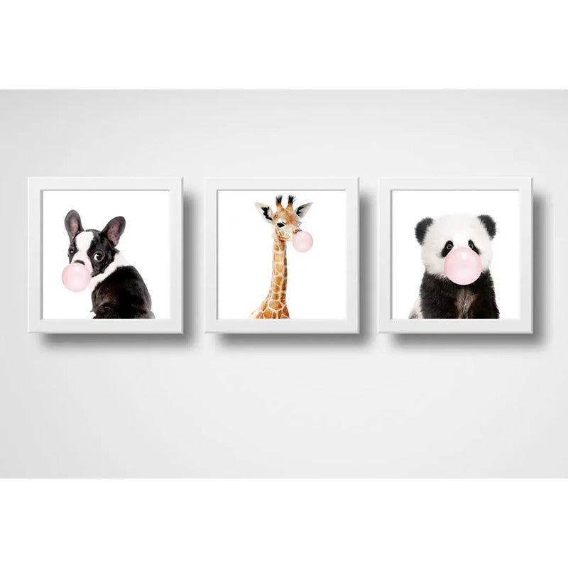 Set 3 Cuadros Panda Jirafa Perro Chicle Animales Decoracion