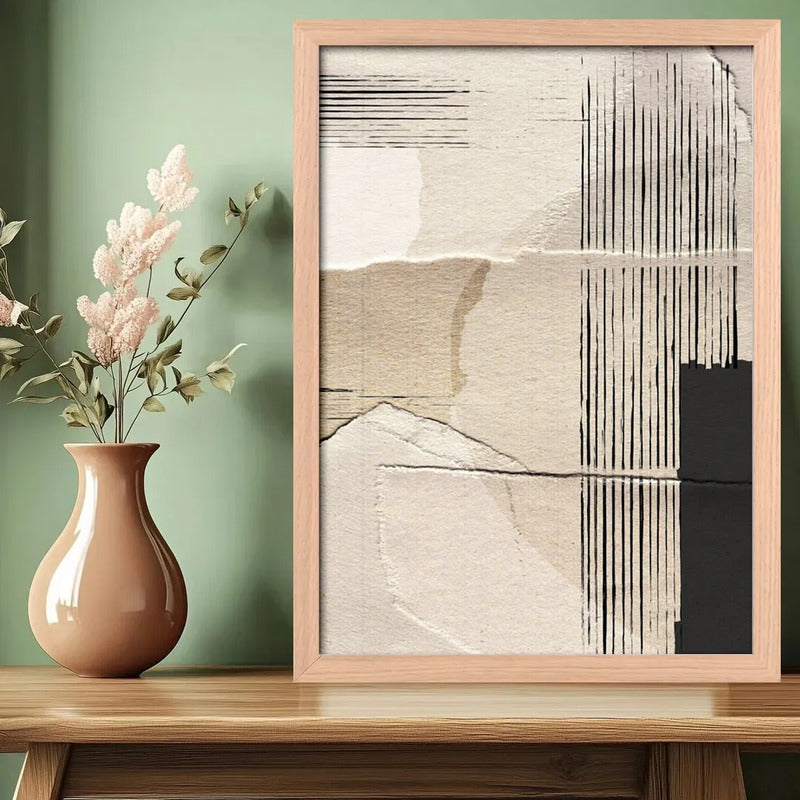 Cuadro Dormitorio Living Boho Abstracto Paper Tono Beige Oak Marco Marrón Claro