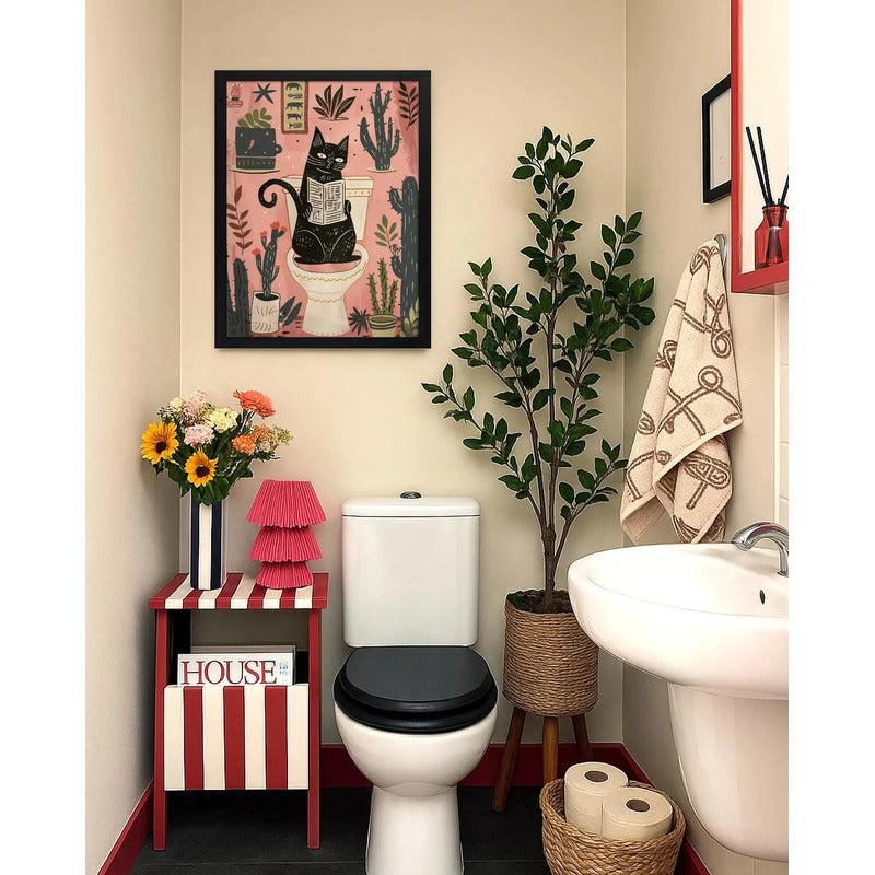 Cuadro Baño Gato Negro En Inodoro Con Cactus Arte Decoracion Marco Negro