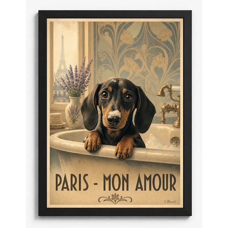 Cuadro Baño Paris Mon Amour Perro Salchicha Dachshund Banera Marco Negro