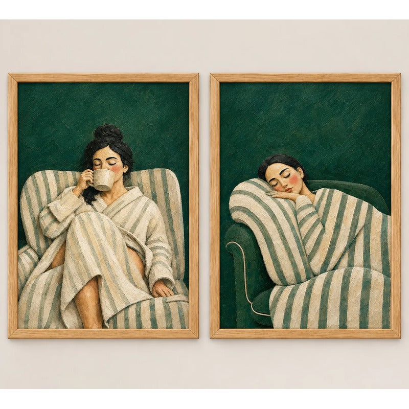 Set 2 Cuadros Mujer Fin De Semana Relajante Abstracto Verde Marco Negro