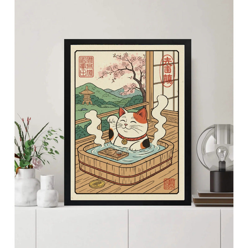 Cuadro Bano Gato De La Suerte Banera Spa Flores Cerezo Japón Marco Negro