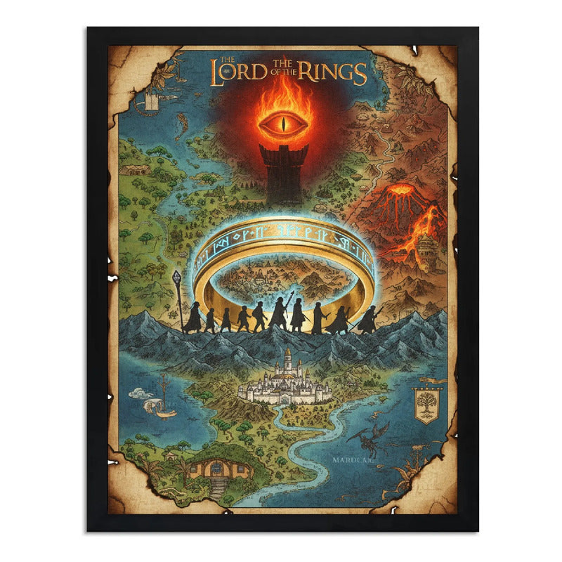 Cuadro El Señor De Los Anillos Pelicula Mapa Medieval Retro Marco Negro