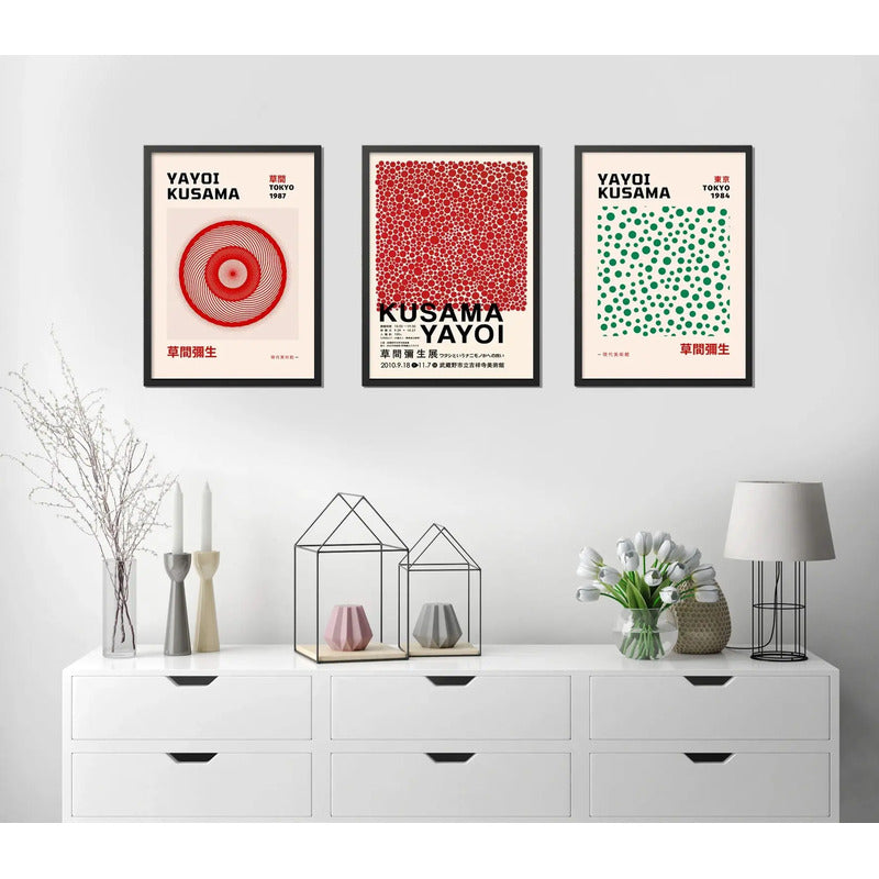 Set 3 Cuadros Yayoi Kusama Arte Japones Coleccion Obras Brs3 Marco Negro